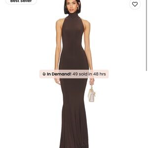 Norma Kamali Halter Turtle Fishtail Gown in Chocolate. Formal dress.